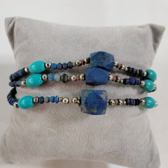 Lapis  Turquoise Bracelet Handmade Multistring Silver Accents - Picture 1 of 6